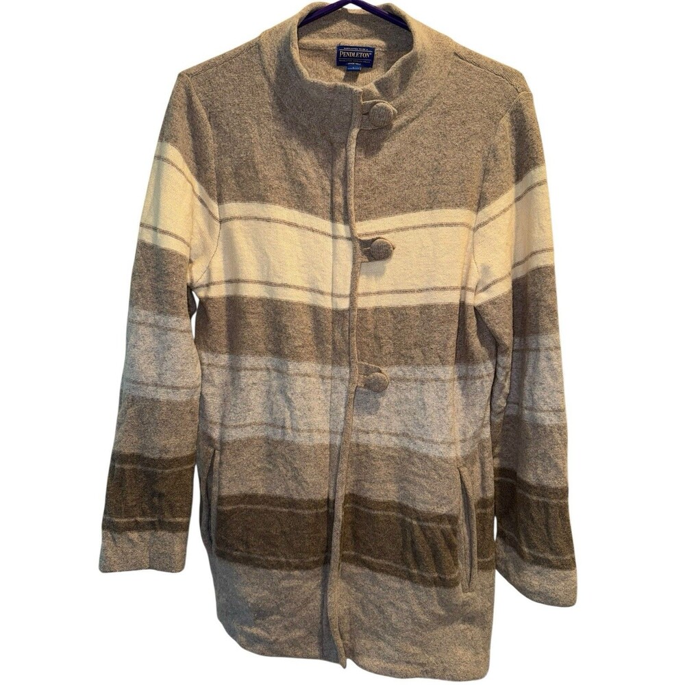 Pendleton Large Lambs Wool Sweater Jacket Taupe Gray Cream Striped Toggle Button